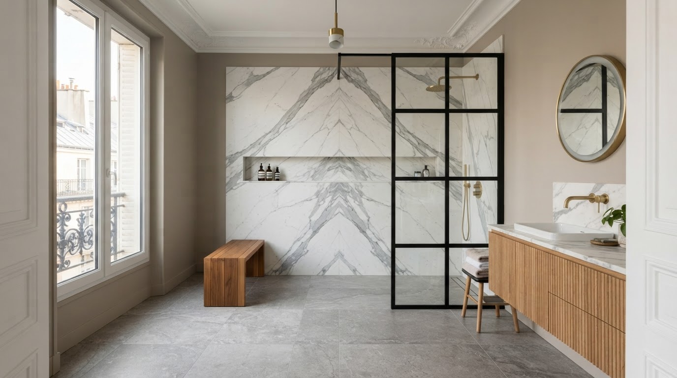 Salle de bain haut de gamme avec marbre veiné, douche à l'italienne encastrée et robinetterie en laiton brossé