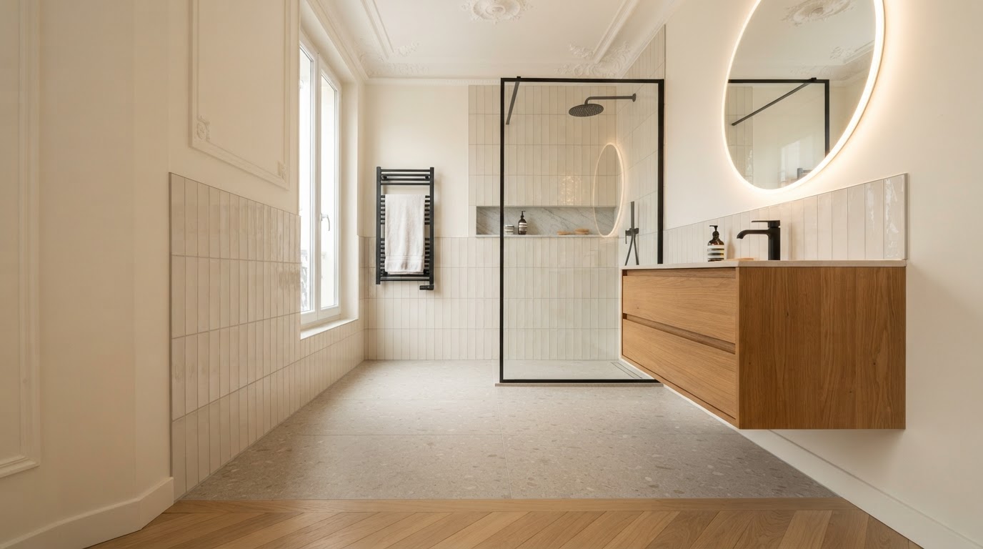Salle de bain haut de gamme entièrement rénovée après un dégât des eaux, avec carrelage marbre et robinetterie noire mate.