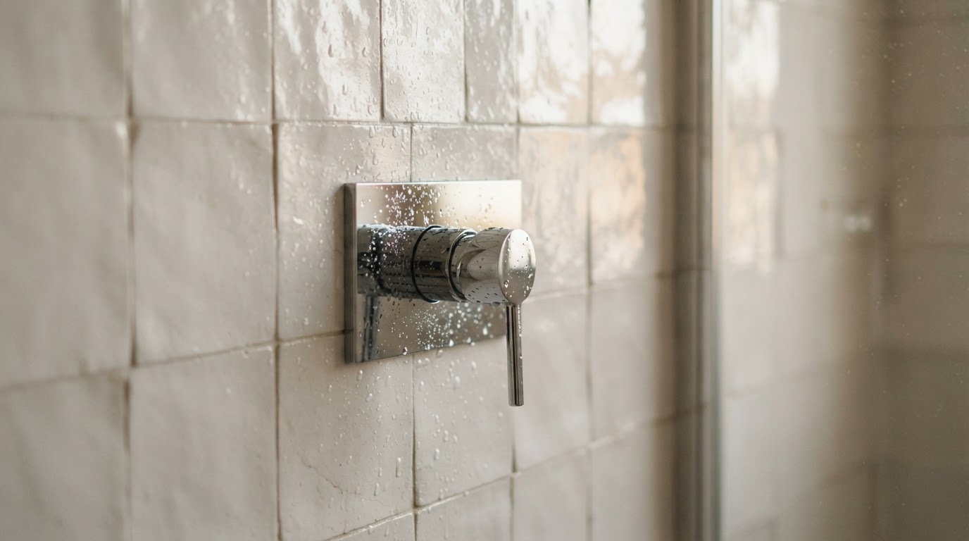 Salle de bain haut de gamme avec travertin sablé, meuble en noyer strié et robinetterie en bronze brossé